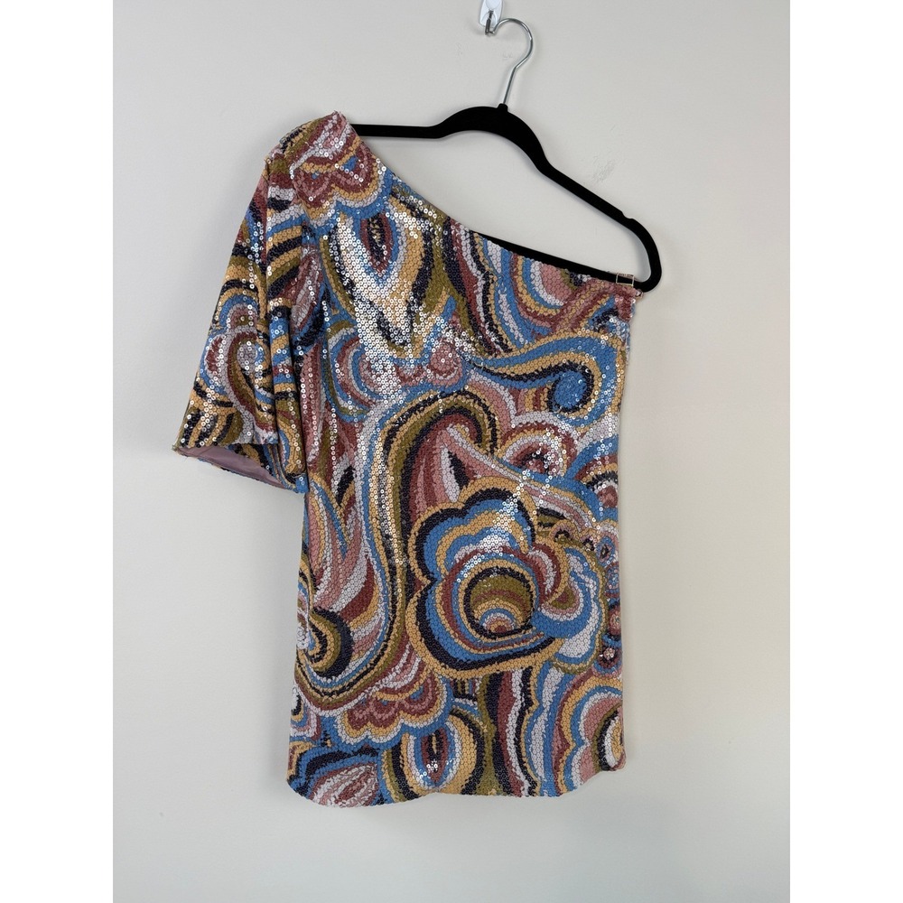 Ark & Co Sequin Mini Dress M Multicolor One Shoulder Bell Sleeve Psychedelic
